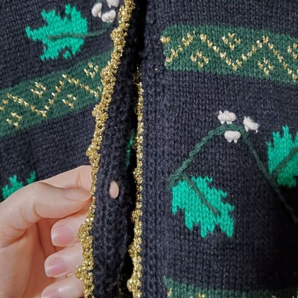 Vintage Holiday Cardigan Sweater Size M Winter Poinsettia Hand Knit Womens - Picture 5 of 14